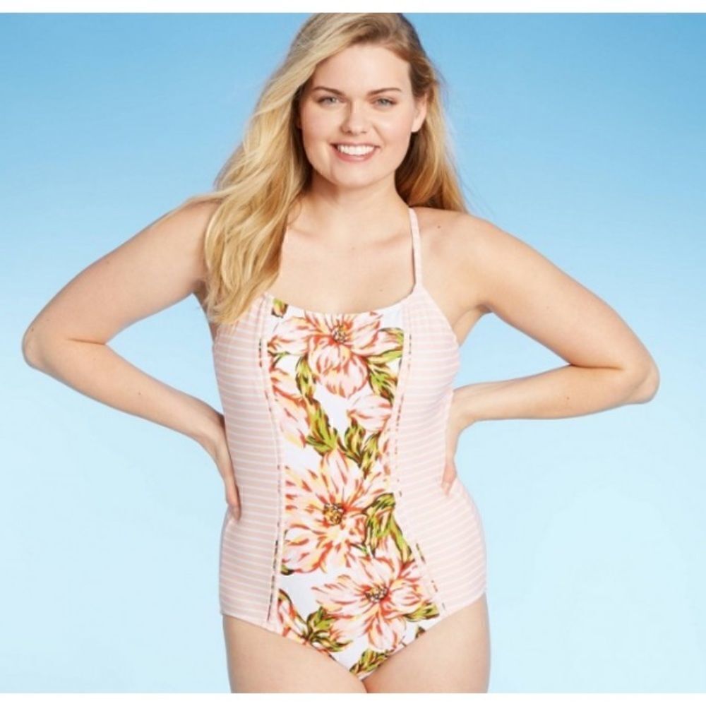 Kona Sol Floral & Striped High Coverage One Piece Swimsuit, NWT